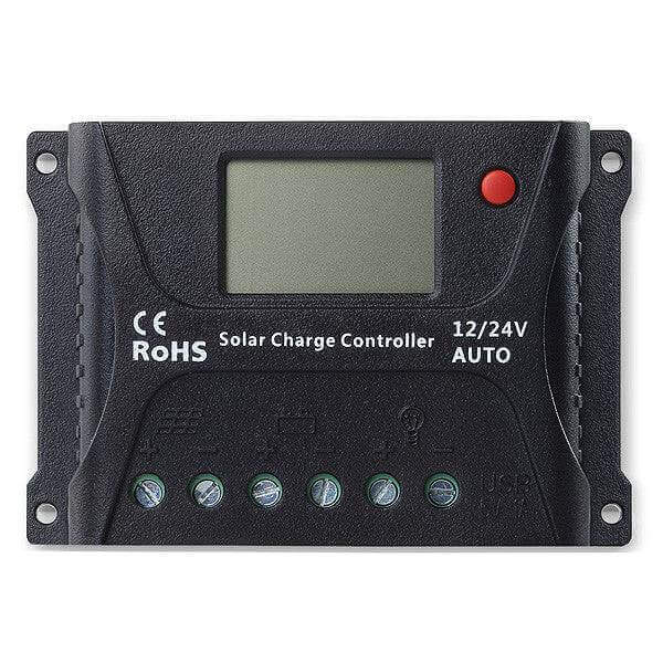 SRNE 10A PWM Charge Controller with 12V/24V auto recognition by Cabin Depot, featuring 3-stage PWM charging for battery longevity