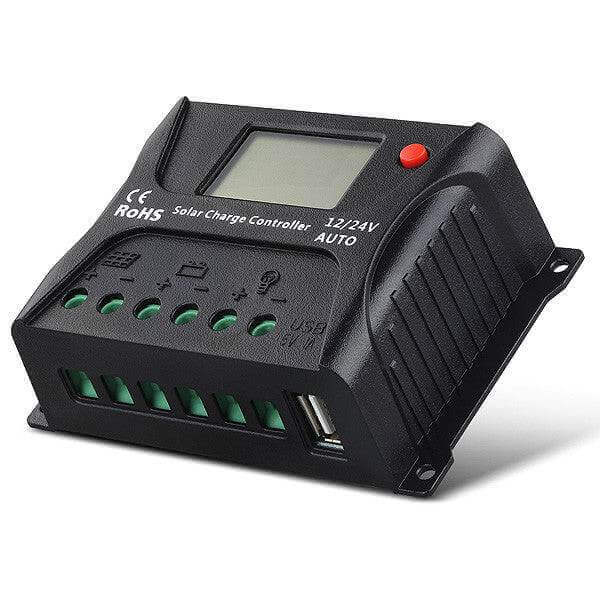 SRNE 10A PWM Charge Controller with auto 12V/24V recognition; Cabin Depot solar power solution with temperature compensation.