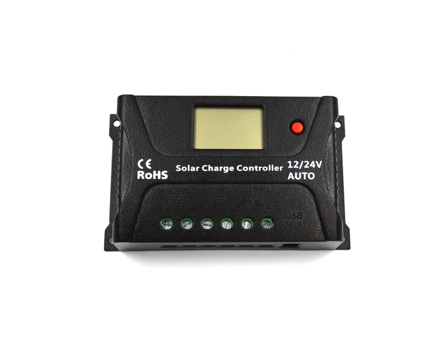 SRNE 20A PWM Charge Controller with automatic 12V/24V system recognition, available at Cabin Depot. Enhanced battery life with 3-stage charging.
