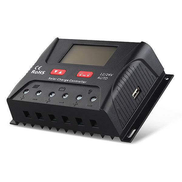 SRNE 40A PWM Charge Controller for solar systems at Cabin Depot, features auto system voltage detection and advanced charging for lead-acid and lithium batteries.