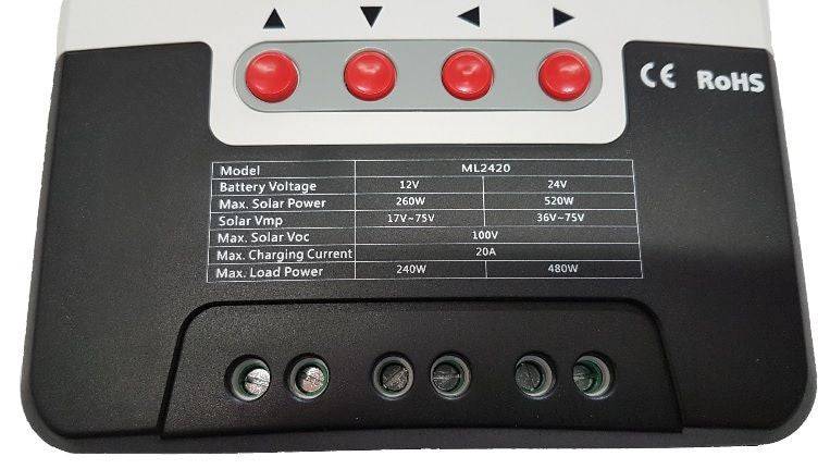 SRNE 20A MPPT Charge Controller specs, model ML2420, max solar power 520W, for Cabin Depot