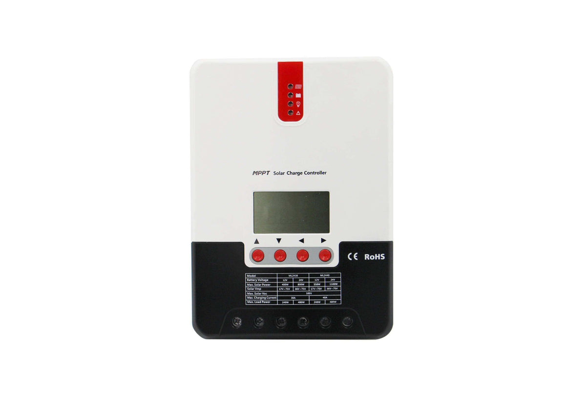 SRNE 30A MPPT Charge Controller with dual-peak tracking technology, available at Cabin Depot for efficient solar energy use.