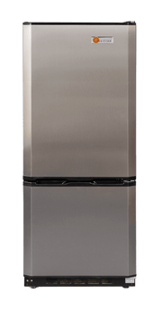 SunStar 10CU Solar DC/AC Refrigerator Black Stainless Steel, available at Cabin Depot. Energy-efficient for off-grid use.