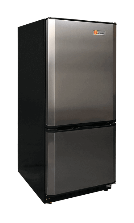 SunStar 10CU Solar DC/AC Refrigerator in black and stainless steel, available at Cabin Depot, energy-efficient appliance