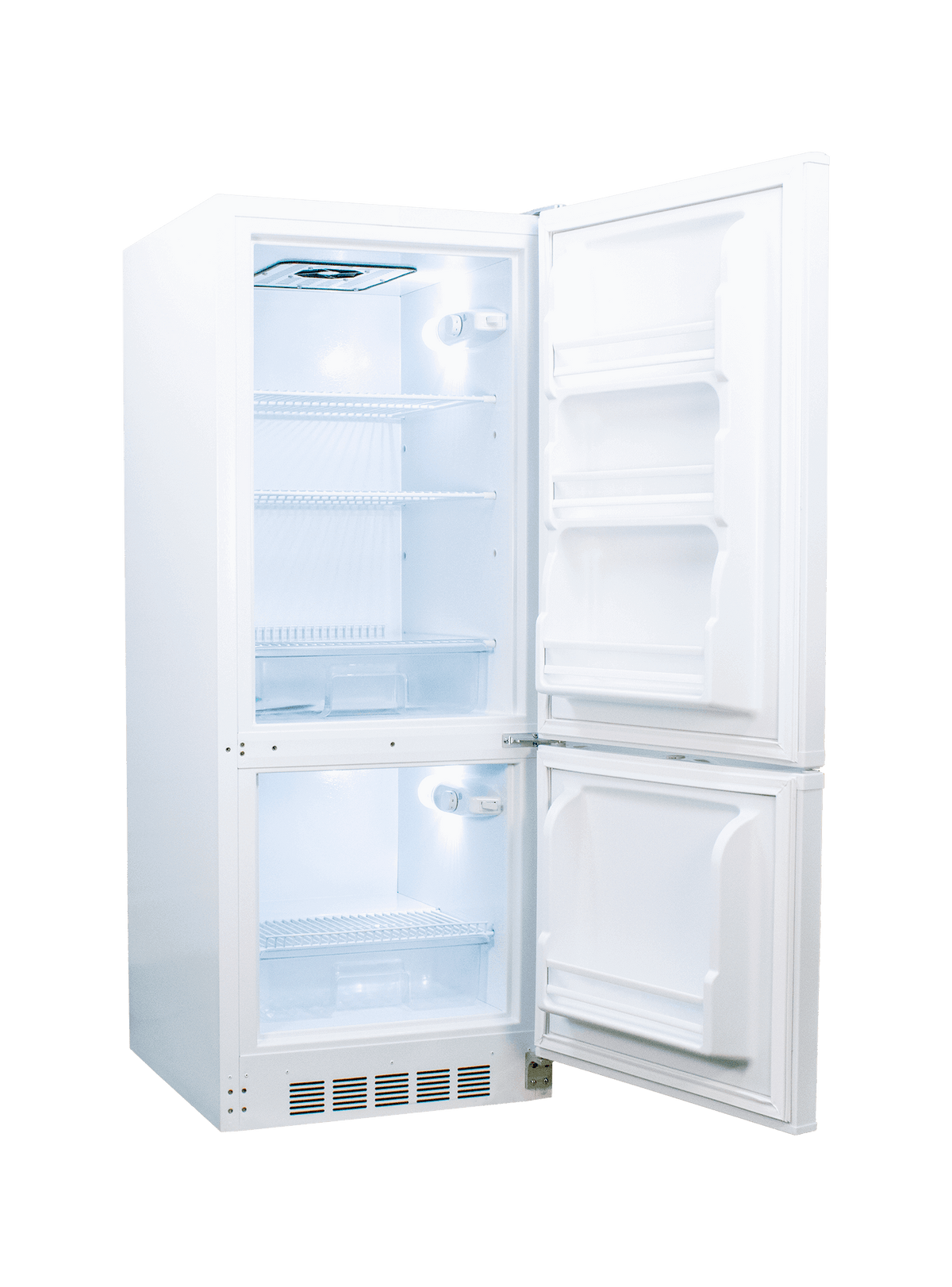 SunStar 10CU Solar DC/AC Refrigerator in white with open doors, available at Cabin Depot, energy-efficient option for off-grid living.