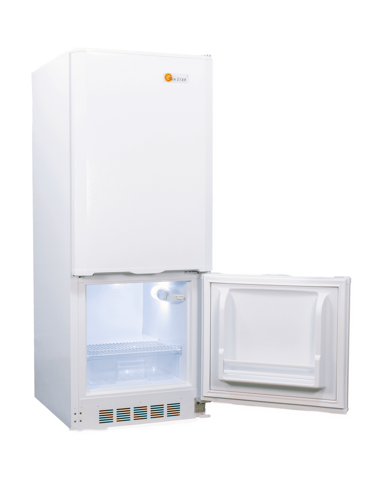 Alt Tag: SunStar 10CU Solar DC/AC Refrigerator in white with open door, available at Cabin Depot for energy-efficient cooling.