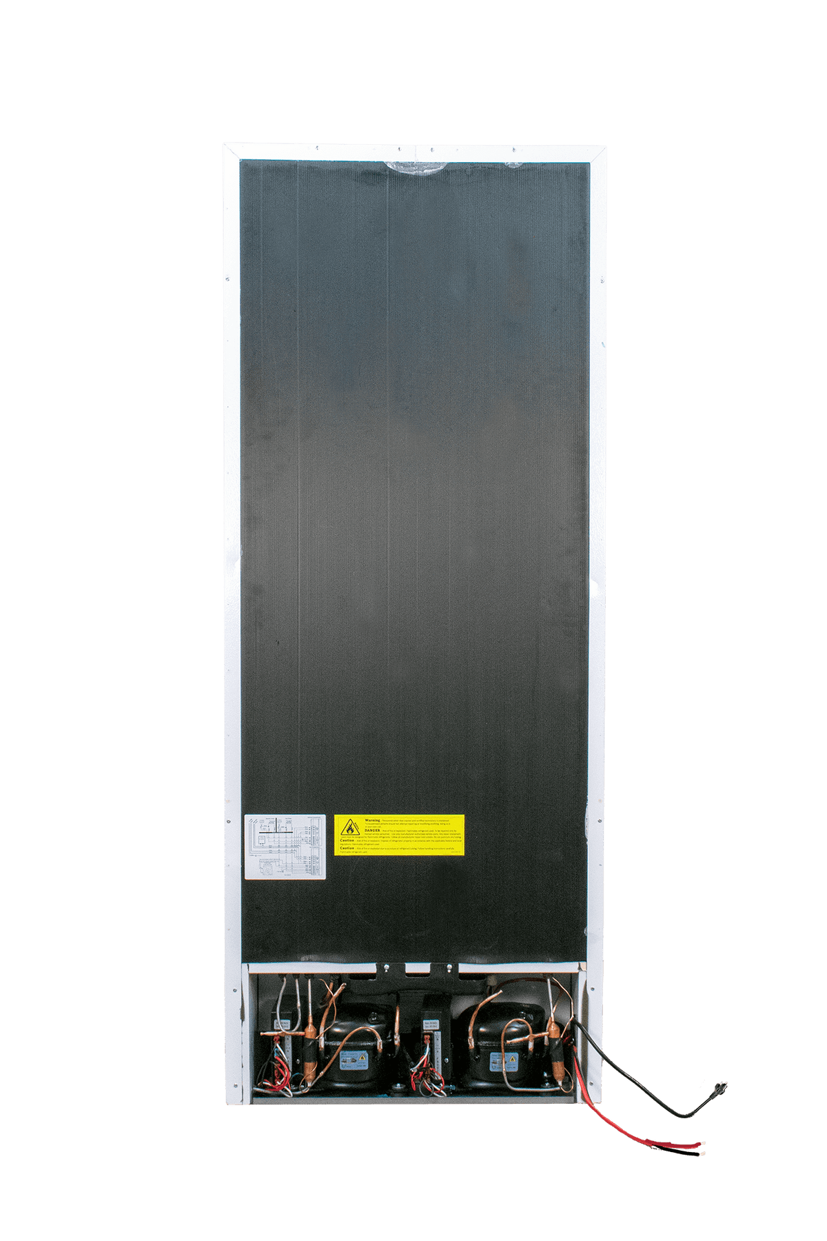 Back view of SunStar 10CU Solar DC/AC Refrigerator in white, available at Cabin Depot