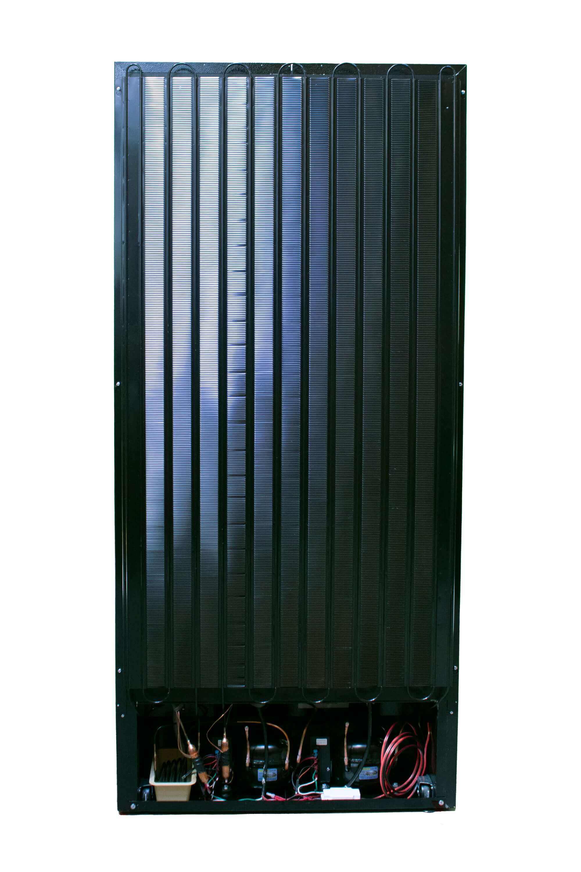 Back view of SunStar 16CU Solar/DC Refrigerator available at Cabin Depot, featuring independent cooling system for off-grid living.