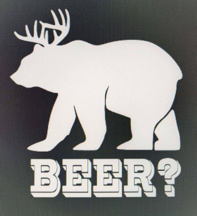 White Bear/Deer Vinyl Decal Sticker with 'BEER?' text, perfect for car or truck windows, available at Cabin Depot.