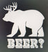 White Bear/Deer Vinyl Decal Sticker with 'BEER?' text, perfect for car or truck windows, available at Cabin Depot.