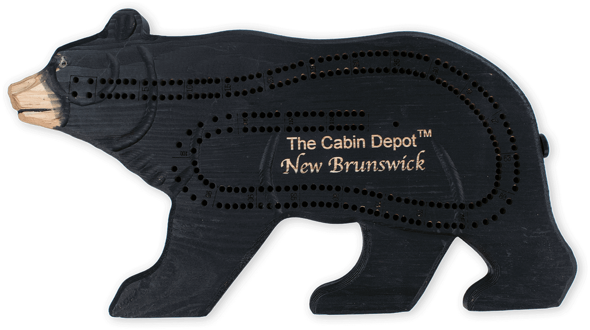 Hand-carved black bear cribbage board from Cabin Depot, with hidden peg storage in the tail, perfect for rustic cabin decor.
