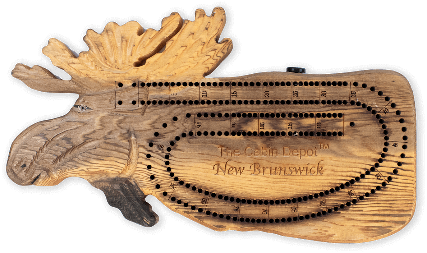 Hand-carved moose cribbage board from Cabin Depot, detailed rustic decor piece with peg storage for cabin game nights.