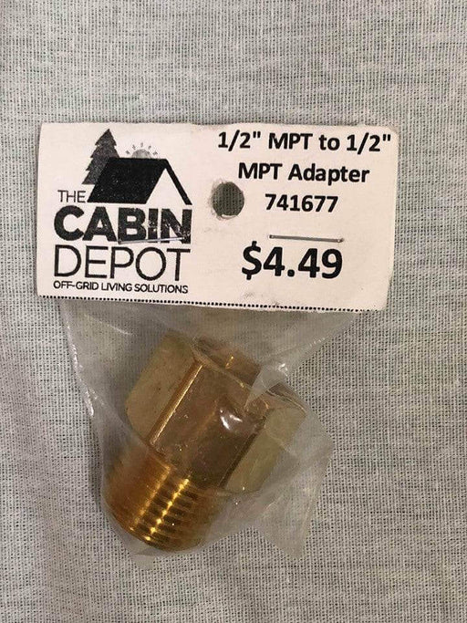 Cabin Depot brass 1/2" MPT to 1/2" FPT adapter 216-8-8, labeled price $4.49, for off-grid living solutions.
