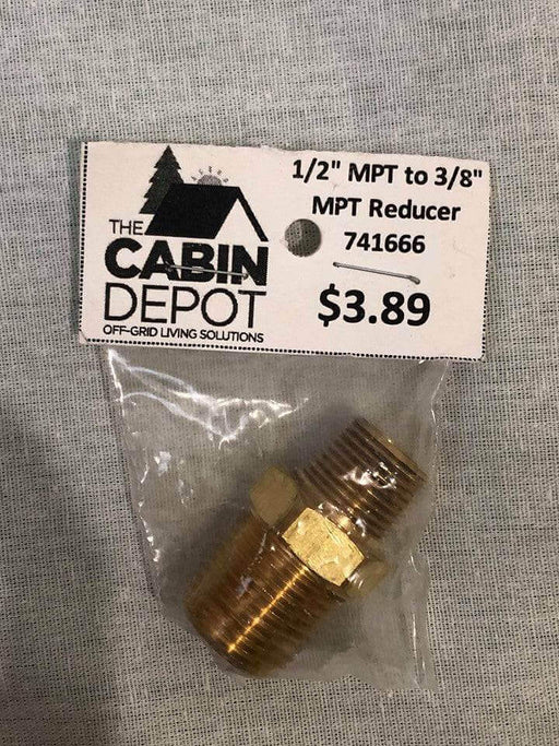 Martin 1/2" to 3/8" MPT Reducer 216-8-6 by Cabin Depot for off-grid solutions. Brass connector in packaging with price tag.
