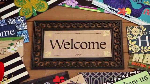 Sassafras mat inserts with "Welcome" design in decorative tray, available at Cabin Depot for seasonal or occasion customization.