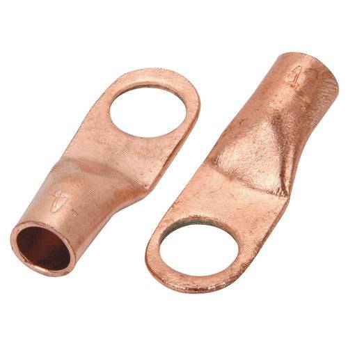Cabin Depot #4 wire lugs pair, showing durable copper construction. Ideal for secure electrical connections on #4 wire.