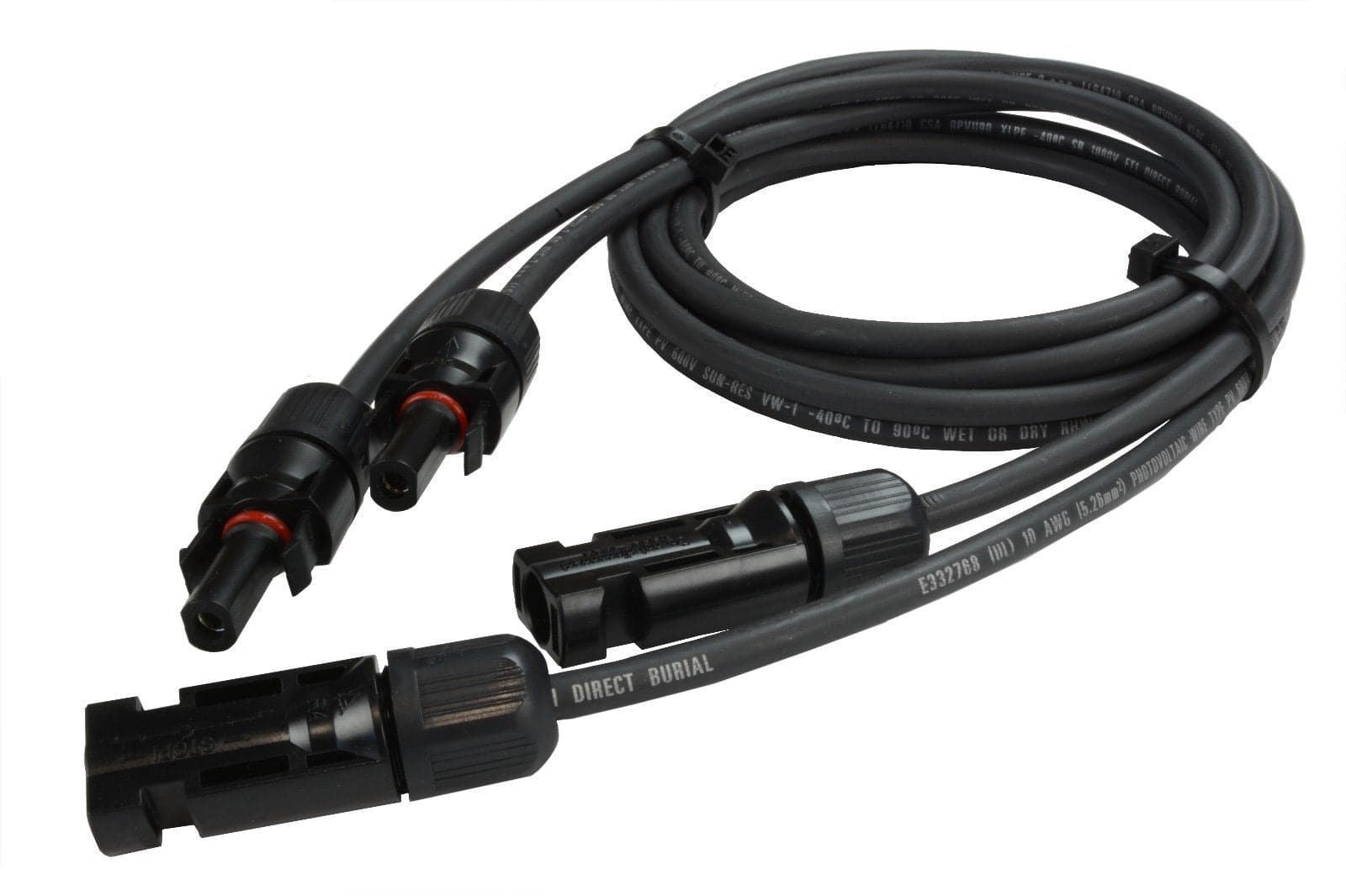 MC4 #10 Cable Extension 5' for solar panels, 10 AWG, 40A, 600V, from Cabin Depot. Durable and efficient for temperature ranges -40°C to 90°C.