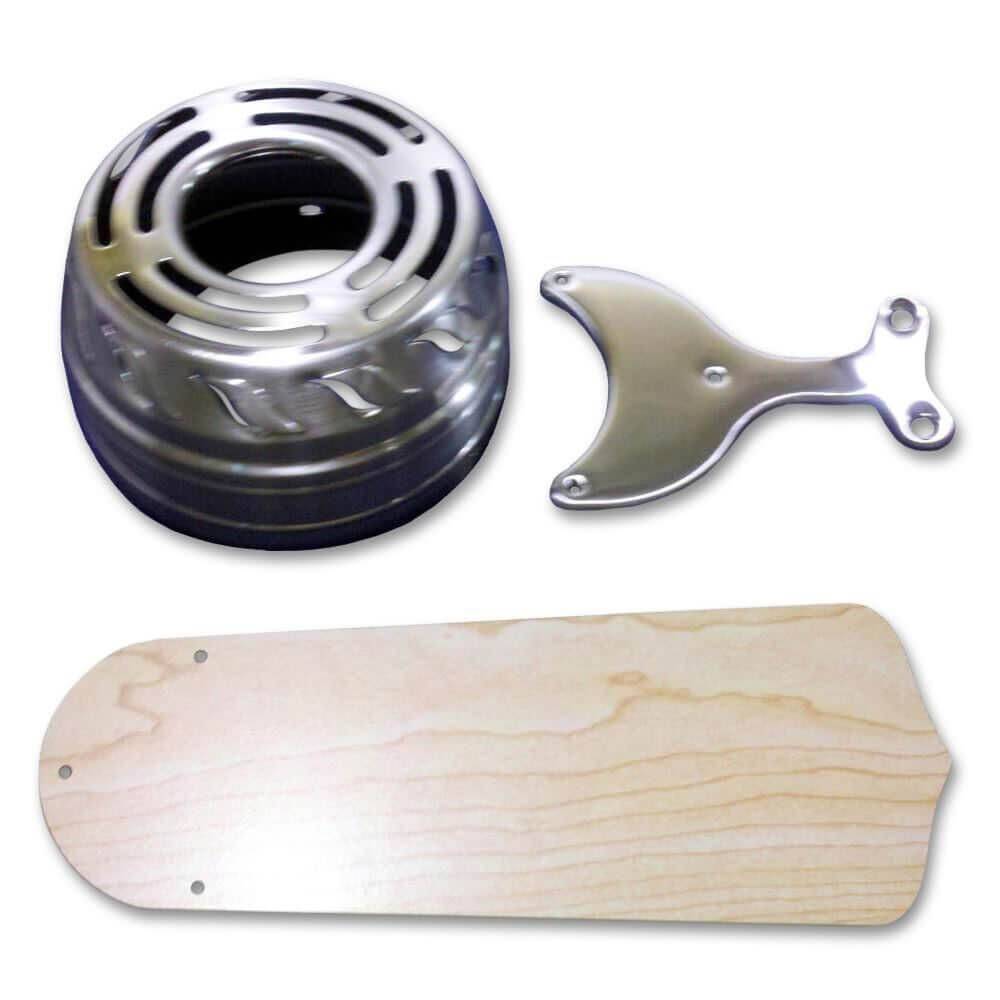 Ceiling fan components showing motor housing, silver bracket, and wooden blade for Trusty 12V DC fan by Cabin Depot.