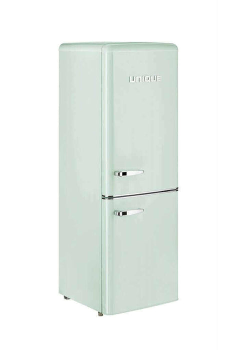 Unique 9 Cu/Ft Bottom Mount Retro Refrigerator in mint green, energy-efficient for off-grid use, available at Cabin Depot.