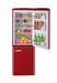 Unique 9 Cu/Ft Retro Bottom Mount Refrigerator in red with open door showing shelves stocked with food and drinks, by Cabin Depot.