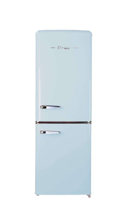 Unique 9 cu/ft bottom mount retro refrigerator in blue, available at Cabin Depot. Ideal for grid-tied use, requires inverter for off-grid applications.