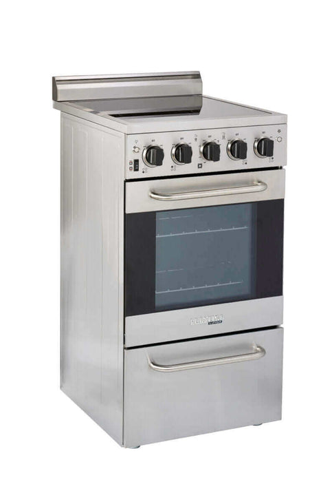 Unique 20" Prestige Convection Range in stainless steel with glass cooktop at Cabin Depot.
