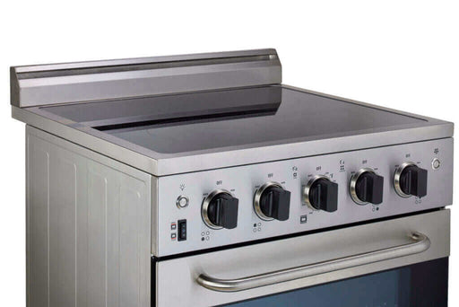 Stainless steel 24-inch Prestige Convection Electric Range with smooth glass top and smart hot burner indicator from Cabin Depot.