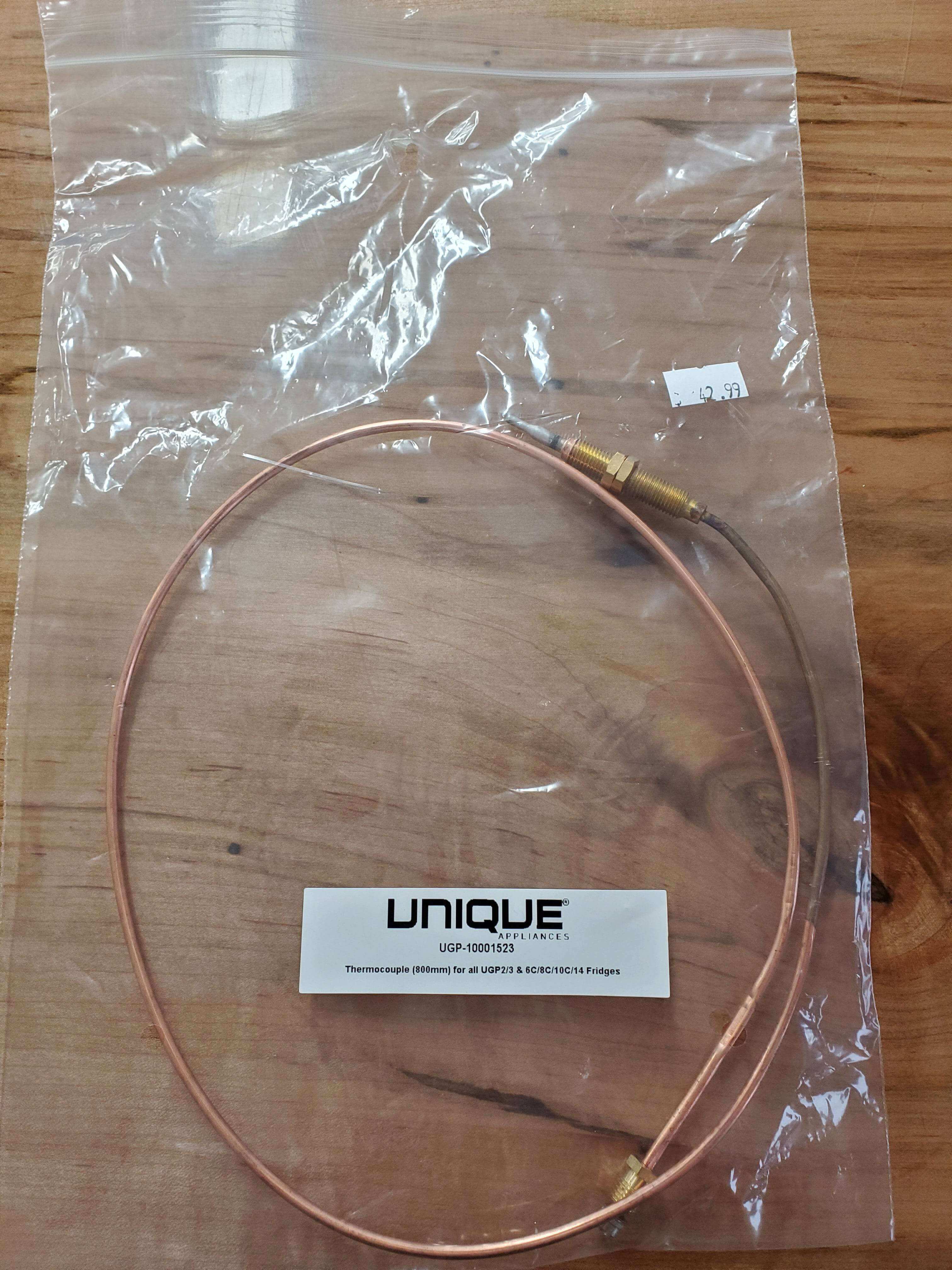 Unique Thermocouple DL10001523 for UGP Cabins by Cabin Depot, 800mm length, replaces old part UGP-DL10001349, in packaging.