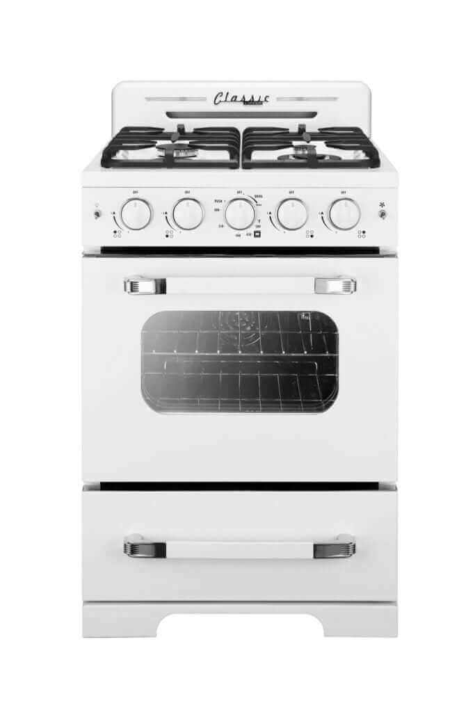24" Classic Retro Convection Gas Range by Unique, available at Cabin Depot, featuring 50’s style design and modern cooking technology.