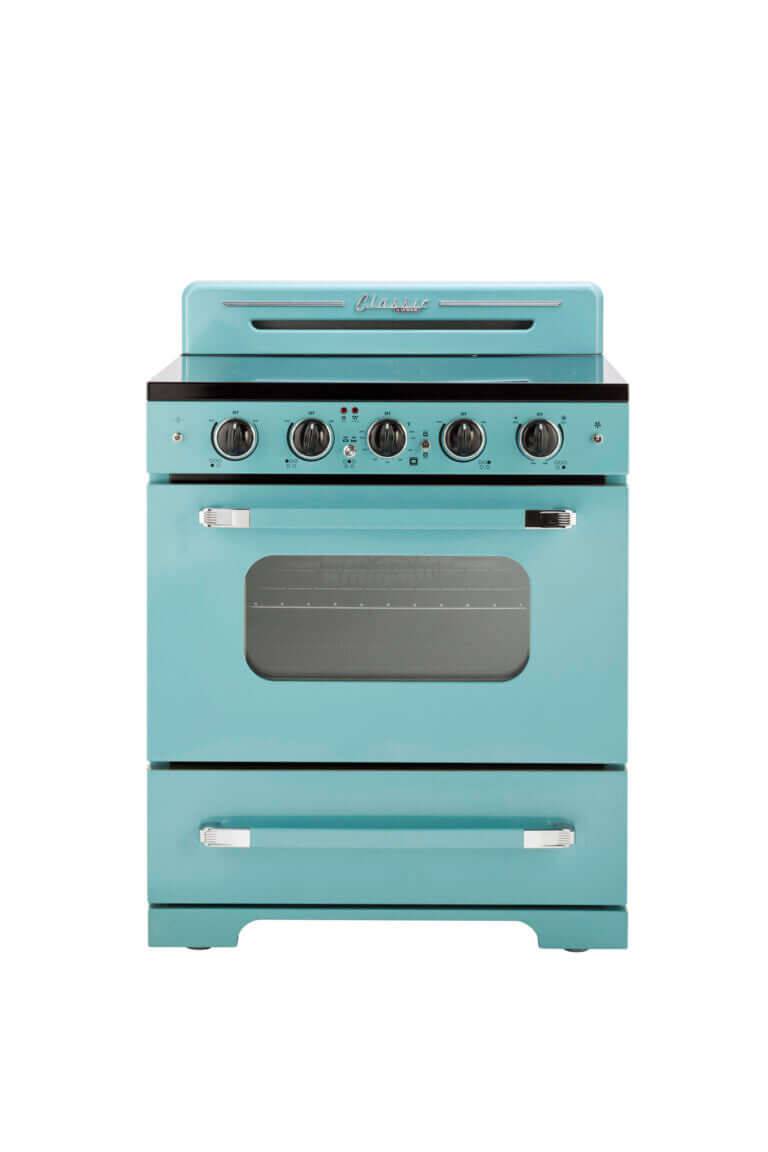 Unique 30 inch classic retro electric range with convection oven in teal from Cabin Depot, featuring a sleek SmoothTop design.