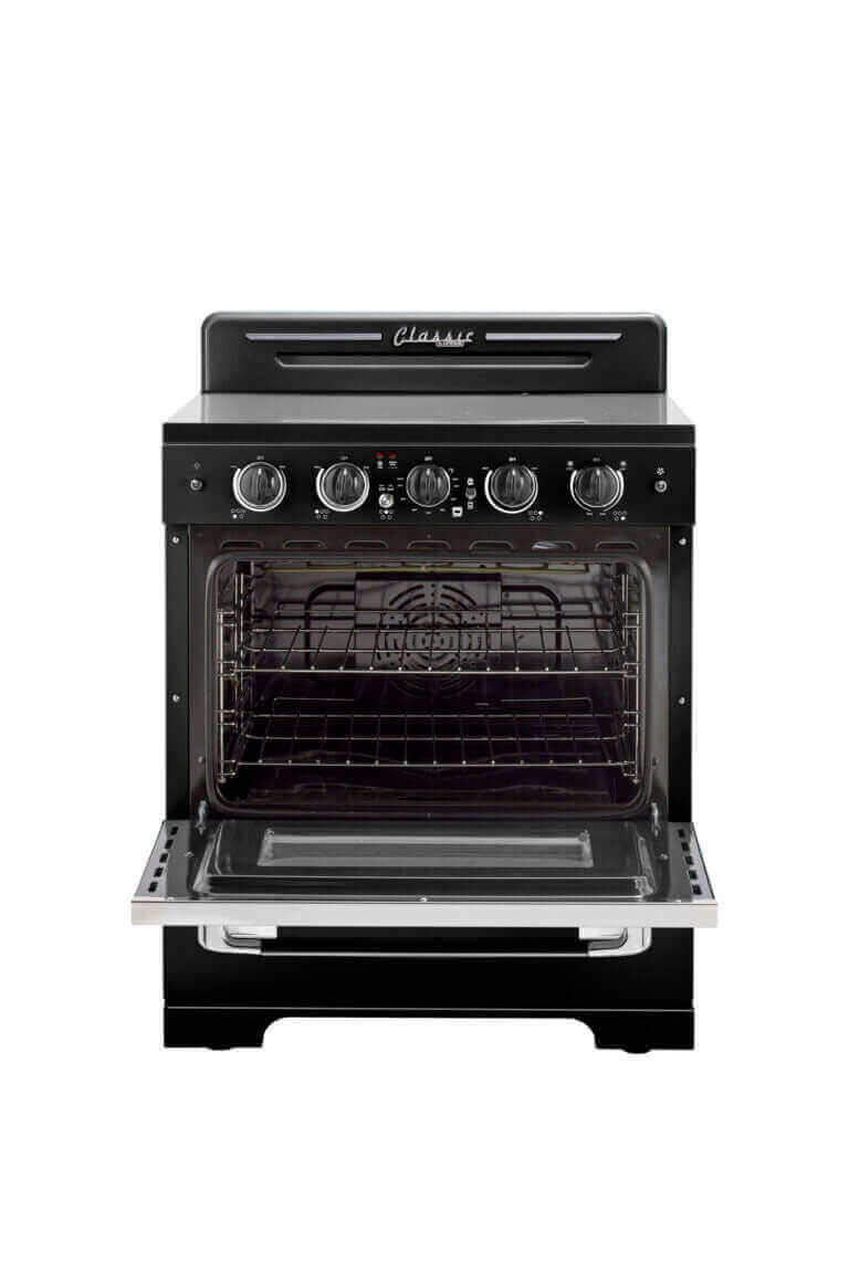 Unique 30" Classic Retro Electric Range with Convection Oven from Cabin Depot. Iconic '50s design, chrome accents, smooth top.
