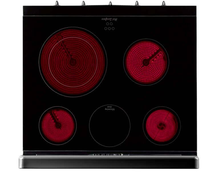 Smooth glass cooktop of Unique 30" Classic Retro Electric Range with 5 elements and convection oven, available at Cabin Depot.