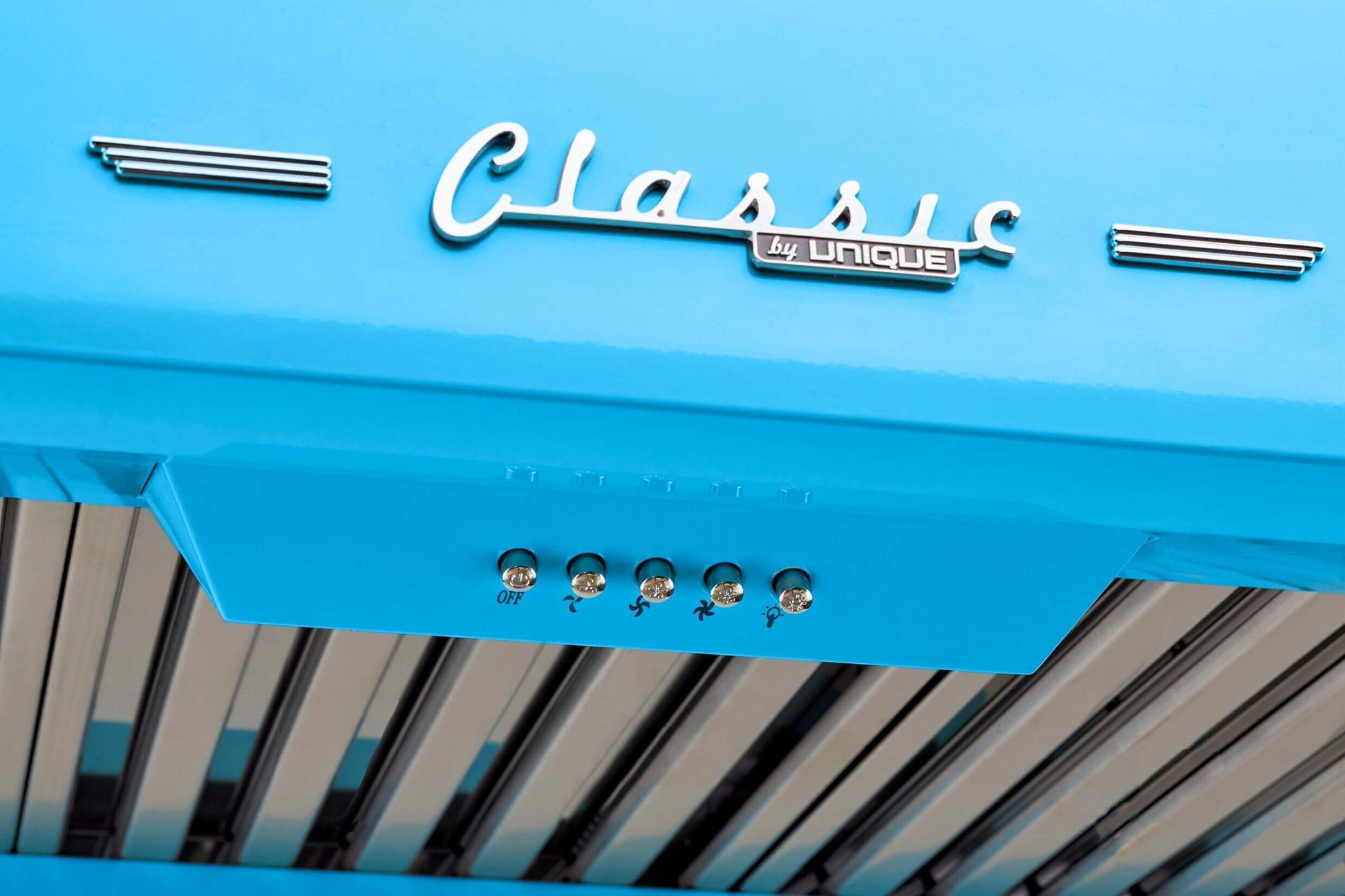 Unique 24-inch Classic Retro Range Hood with LED lights in vibrant blue, perfect for Cabin Depot kitchens.