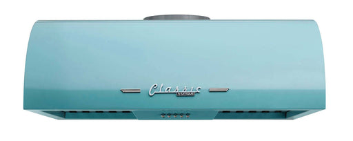 Unique 24" Classic Retro Range Hood in blue, available at Cabin Depot, featuring 50s design with powerful motor and LED lights.