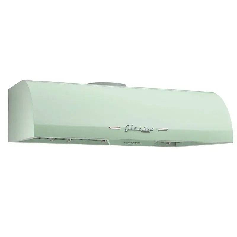 36" Classic Retro Range Hood by Unique, mint green with chrome accents, available at Cabin Depot, transports you to the 50s. Two motors, LED lights.