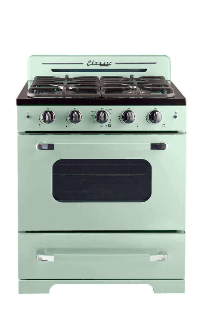 Unique 30-inch Classic Retro Convection Gas Range with Electronic Ignition, ideal for stylish home kitchens. Available at Cabin Depot.
