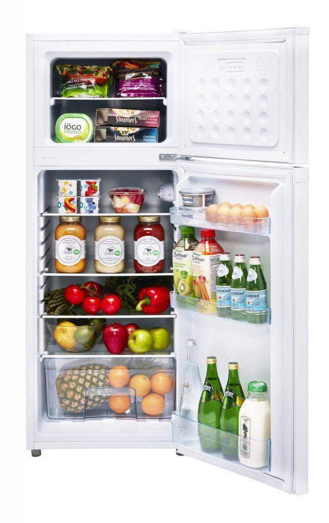 White Unique 6 Cu/Ft 12/24V Solar DC Fridge with Freezer, ideal for energy-saving at cabins, filled with groceries - Cabin Depot.