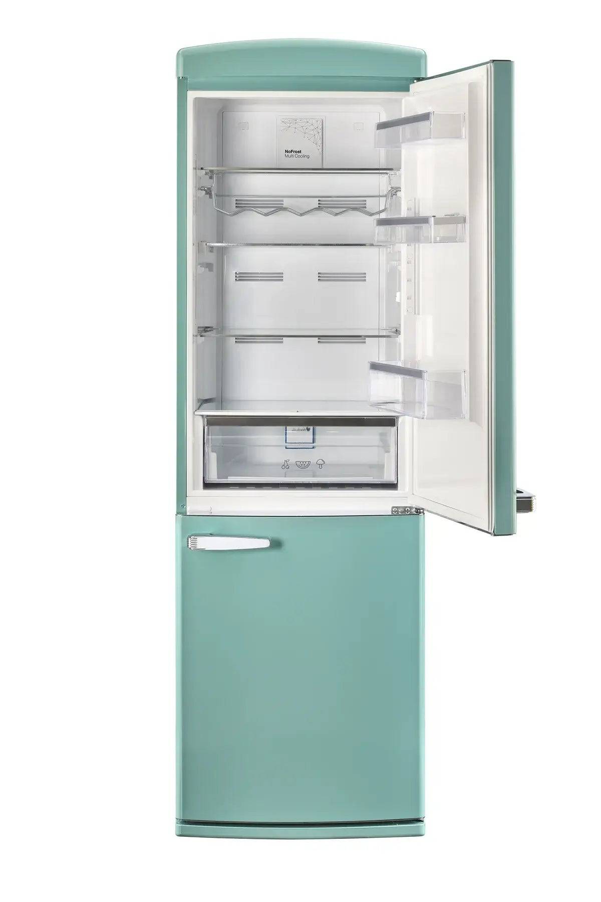 Unique Classic Retro Bottom Mount Refrigerator in green, 12 cu/ft, ENERGY STAR, available at Cabin Depot, open door view.