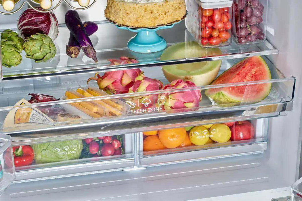 Alt Tag: Open Unique 21.4 Cu/Ft French Door Refrigerator showing stocked fresh produce, perfect for your kitchen from Cabin Depot.