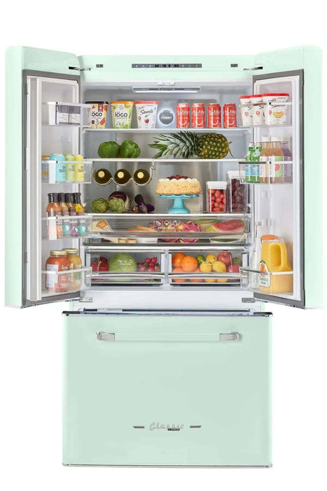 Unique 21.4 Cu/Ft 595L French Door Refrigerator open, showcasing spacious interior and fresh groceries, available at Cabin Depot.
