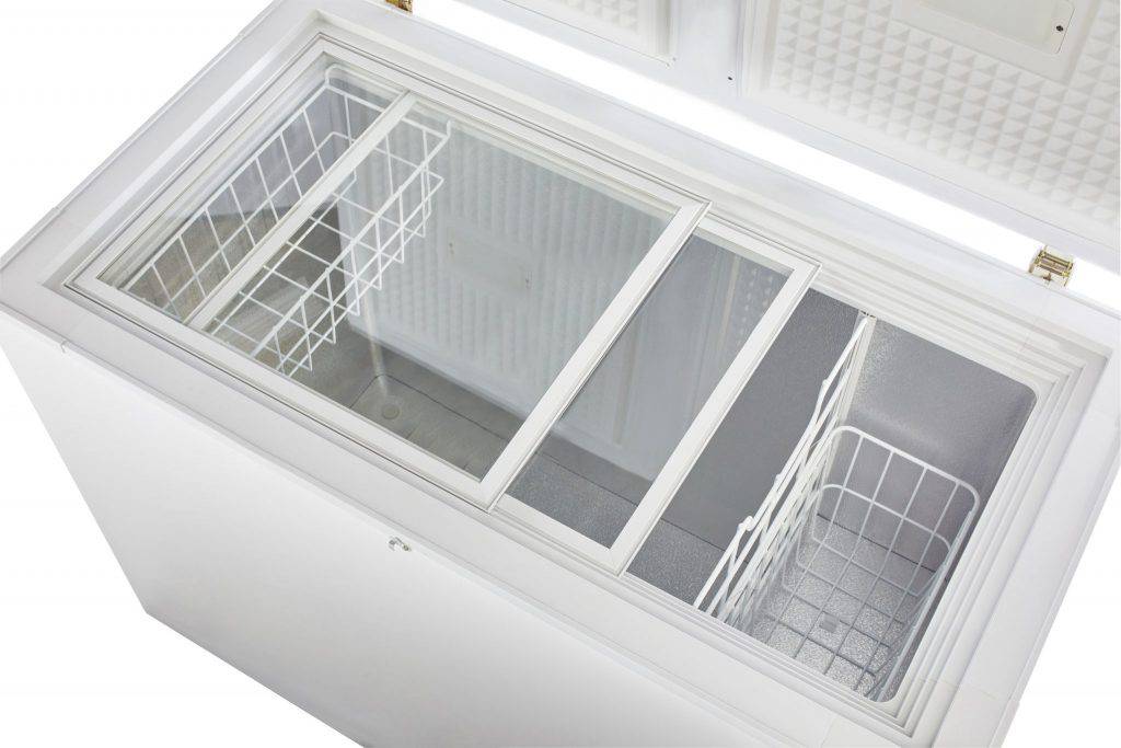 Cabin Depot Unique 9.3 Cu/Ft Solar Powered DC Chest Freezer with sliding glass lid and storage baskets.