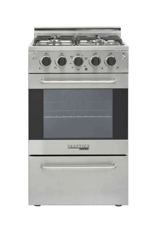 Unique Prestige 20" Convection Gas Range with electronic ignition available at Cabin Depot, featuring stainless design and cast-iron grates.