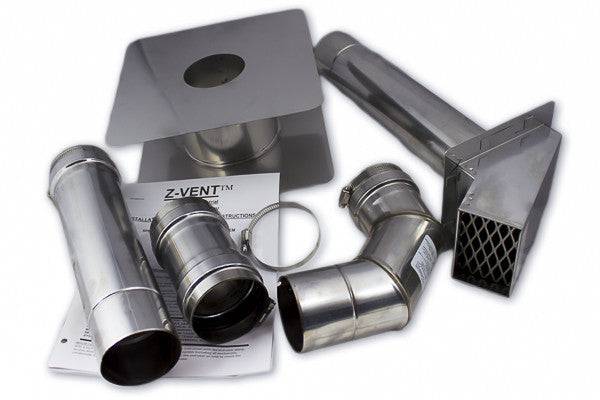 Z-Flex 3" Horizontal Vent Kit with stainless steel components from Cabin Depot for wall hung water heaters. Includes pipes and accessories.