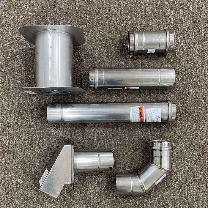 Z-Flex 3" Horizontal Vent Kit components on display, including stainless steel pipes and fittings. Available at Cabin Depot.