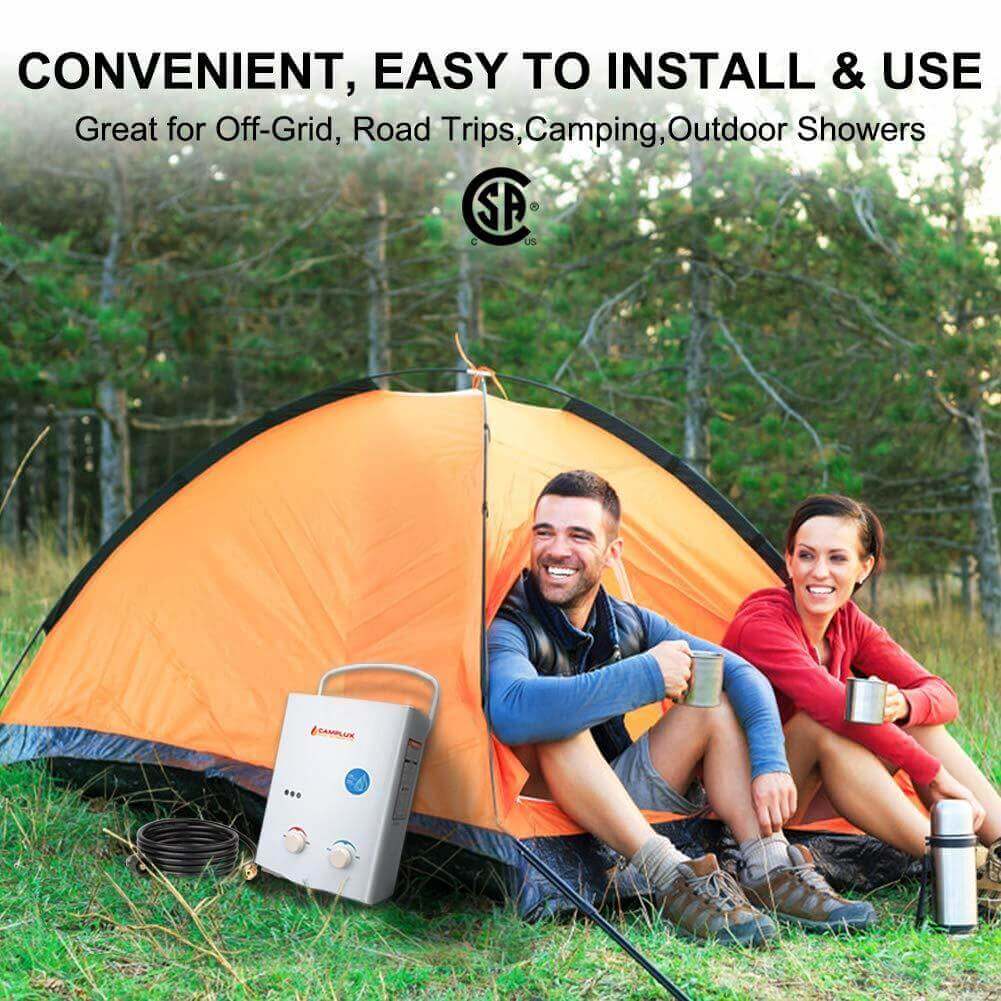 Couple camping with Camplux 5L Propane Portable Tankless Water Heater outside an orange tent. Ideal for off-grid and outdoor use.