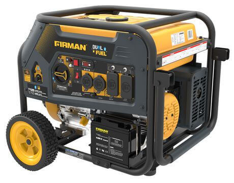 Firman 7100/5700W Hybrid Series Dual Fuel Generator, available at Cabin Depot, features efficient 439cc engine and Whisper Series muffler.