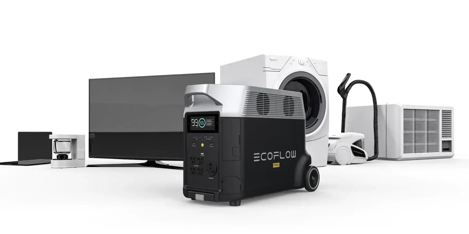 EcoFlow DELTA Pro Portable Power Station with home appliances at Cabin Depot. Expandable 3.6kWh capacity. Ideal for home backup.