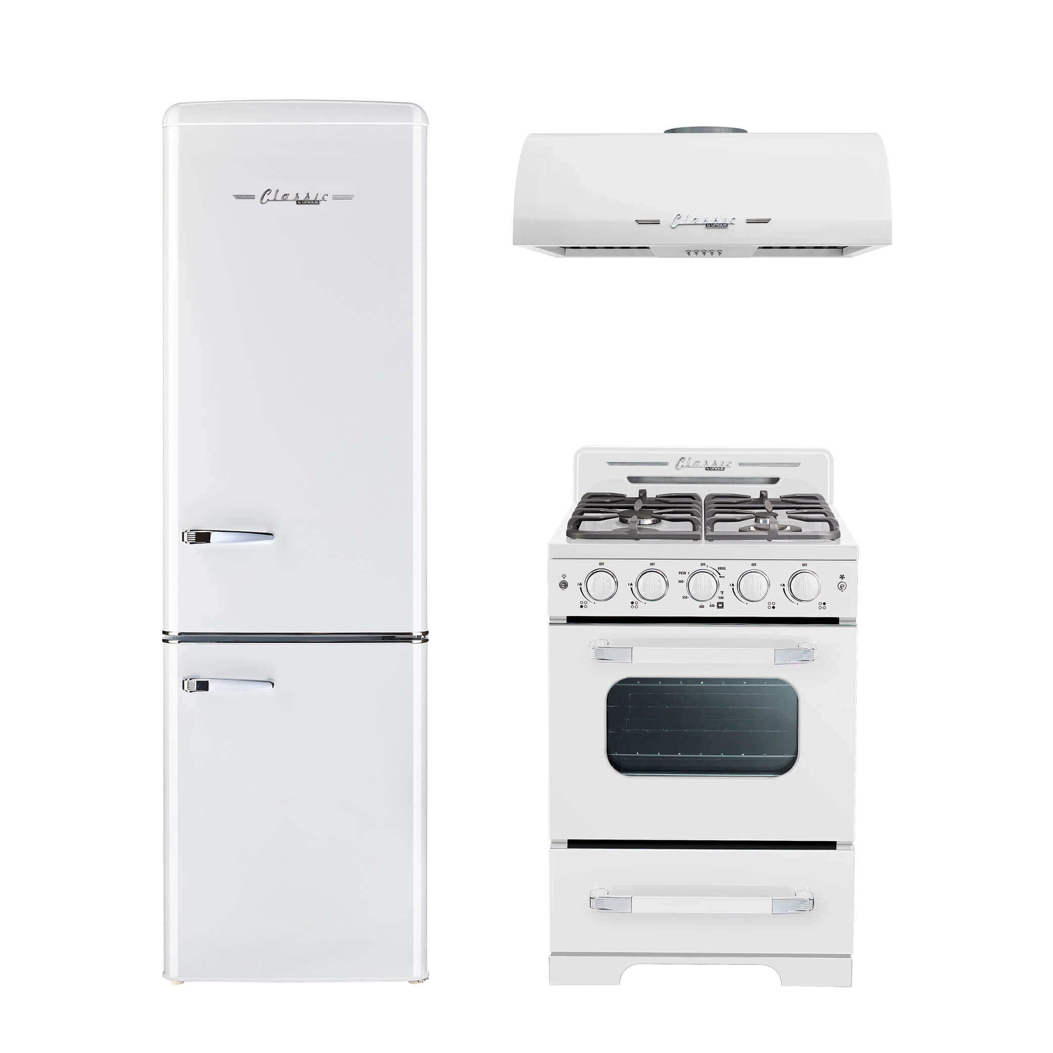 Unique 24" Classic Retro Range Hood with matching fridge and stove, available at Cabin Depot, perfect for vintage-inspired kitchen designs.