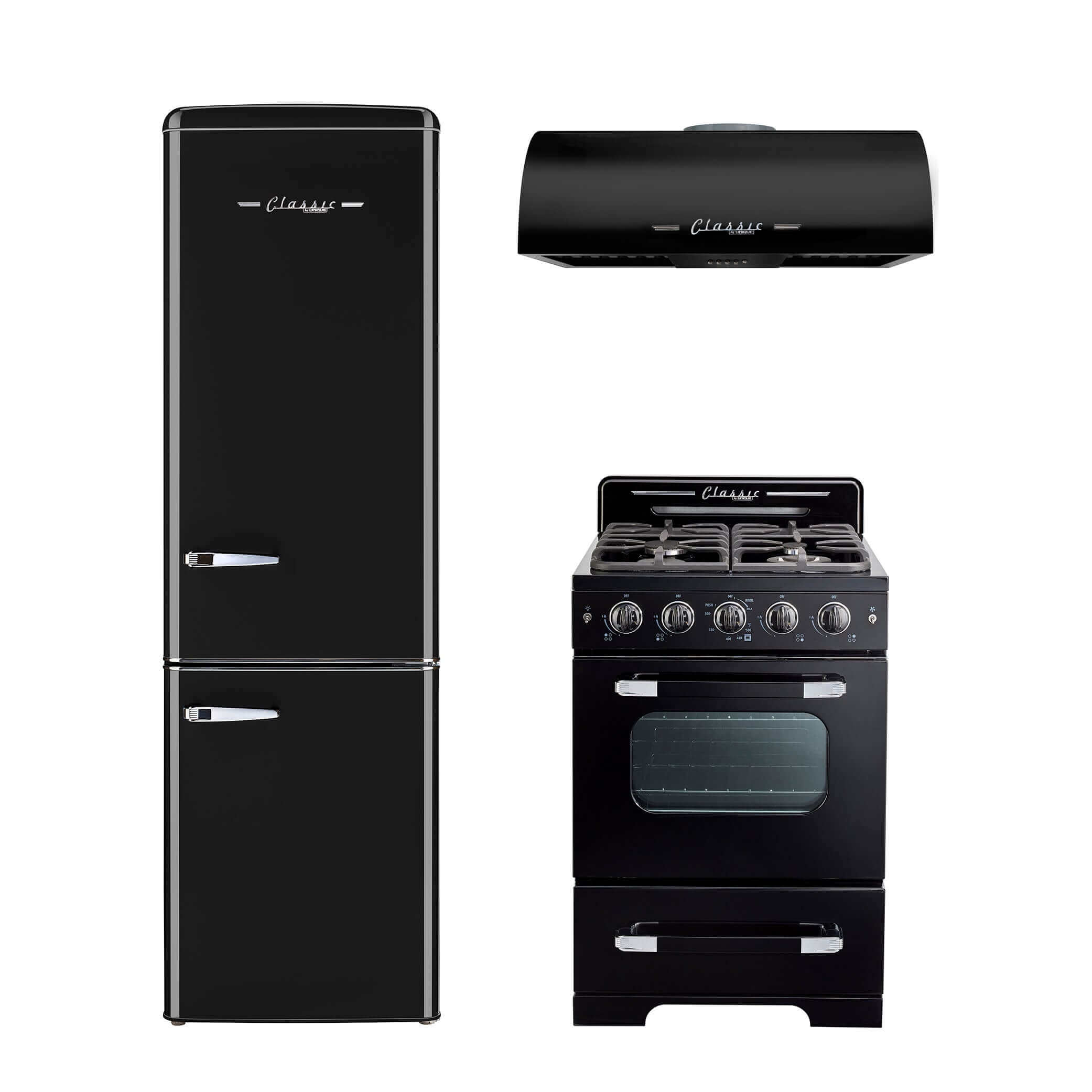 Retro black kitchen appliance set with range hood, fridge, and oven by Unique Classic at Cabin Depot.