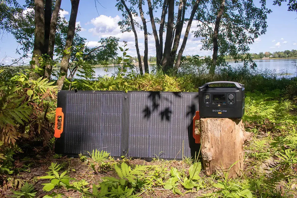 EcoFlow RIVER 2 Pro Power Station with solar panel in nature setting | Cabin Depot | Fast charging portable power for outdoor use